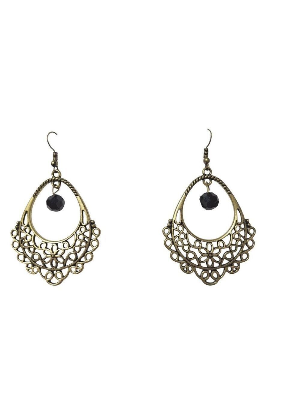 Brass Filigree Teardrop Earrings With Black Beads